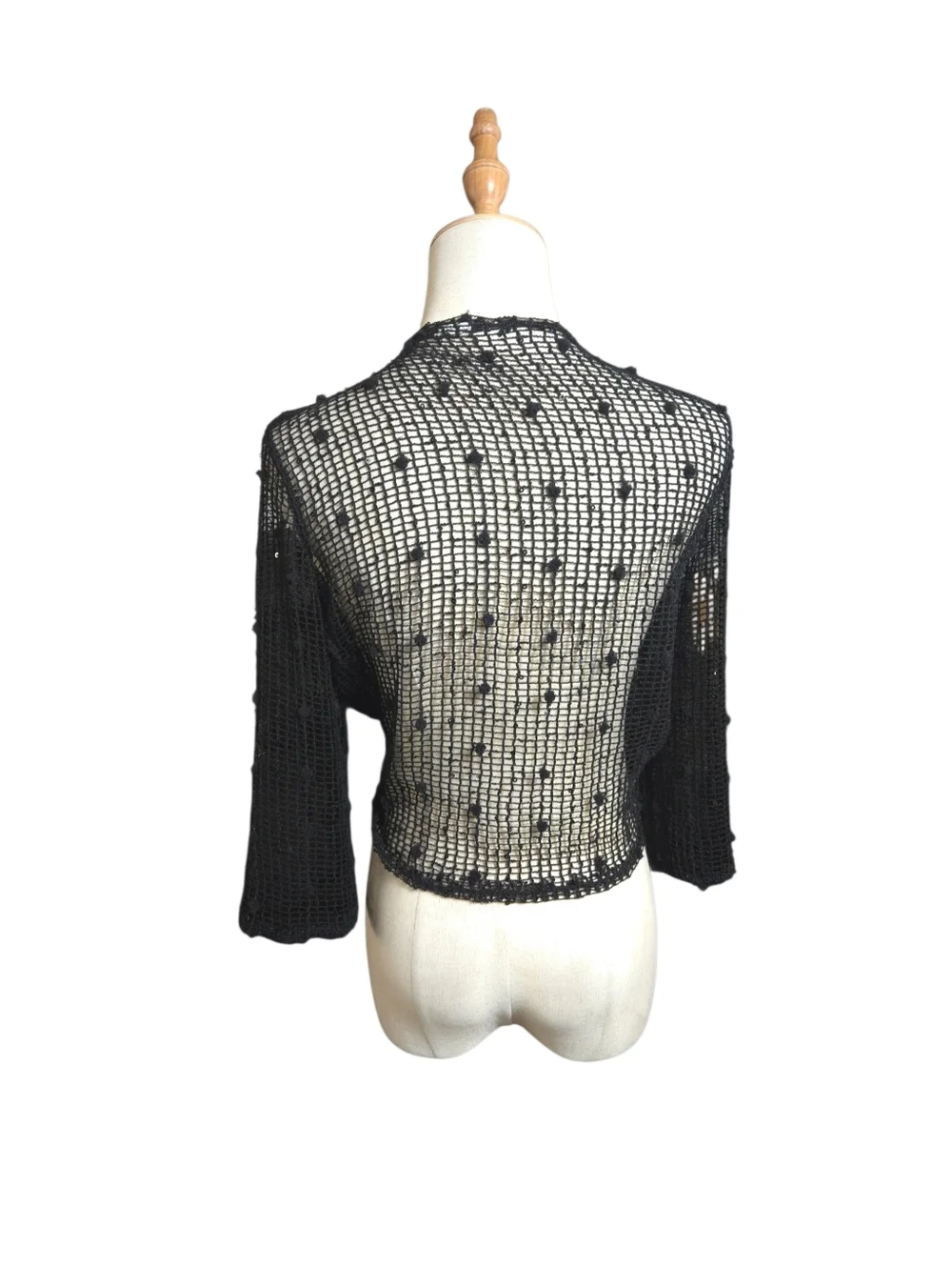 Black Crochet Open Knit Sequin Tie-Front Sweater Shrug